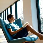 A contemporary, sustainable residential building interior, featuring a meticulously designed cross-section of a wall revealing advanced, thin insulation layers like aerogel or vacuum insulation panels. Sunlight streams through modern triple-glazed windows, illuminating a cozy, comfortable living space where a person is reading in an armchair. The person is fully clothed in modest, comfortable attire, displaying perfect anatomy, correct proportions, and a natural pose, with well-formed hands and proper finger count. The atmosphere is warm and inviting, hinting at efficient climate control. This is a professional architectural visualization, high quality, with clean lines and a futuristic touch, safe for work, appropriate content, and fully clothed.