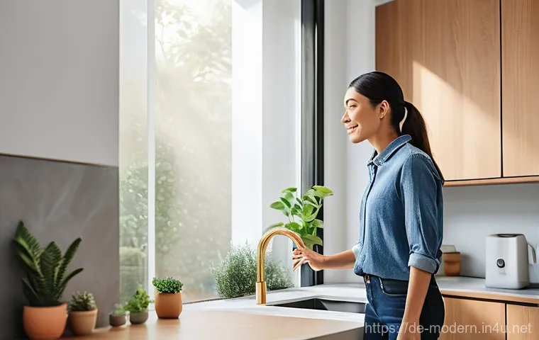 현대건축물 실내 공기질 관리 - **"Harmony of Tech and Nature"**: A vibrant, light-filled living room that perfectly blends modern t...