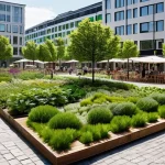 현대건축물 도로와 건축물 연계 - **Prompt 1: A Vibrant German Urban Square Embracing Green Architecture and Pedestrian Life**
    A w...