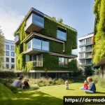 현대건축물 미래형 주택 사례 - **Sustainable Urban Oasis:** A vibrant, multi-story residential building in a modern German city, sh...