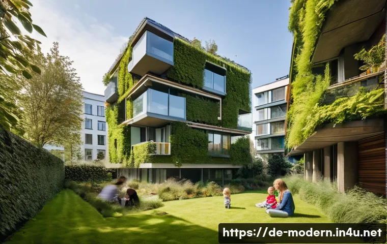 현대건축물 미래형 주택 사례 - **Sustainable Urban Oasis:** A vibrant, multi-story residential building in a modern German city, sh...
