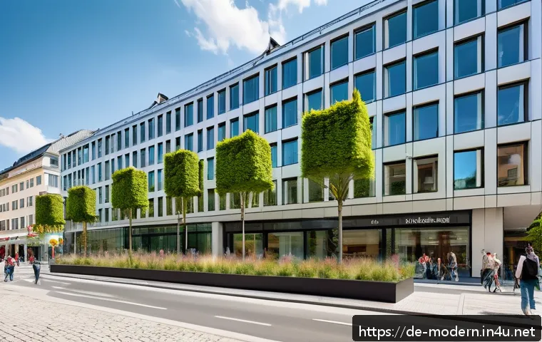 현대건축물 전통 건축과 융합 - A vibrant urban streetscape in Munich blending historic Bavarian architecture with modern glass and ...