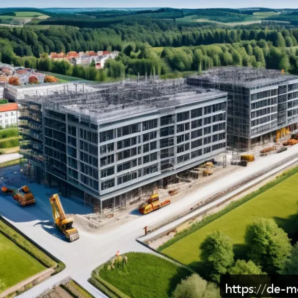 현대건축물 드론 활용 건설 기술 - A high-resolution aerial view of a modern German construction site captured by a drone, showing deta...