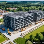 현대건축물 드론 활용 건설 기술 - A high-resolution aerial view of a modern German construction site captured by a drone, showing deta...