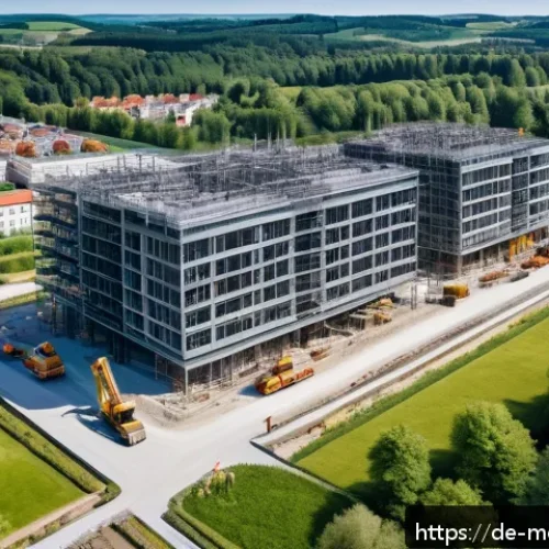 현대건축물 드론 활용 건설 기술 - A high-resolution aerial view of a modern German construction site captured by a drone, showing deta...