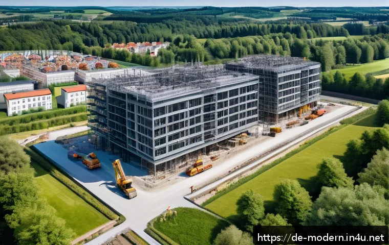 현대건축물 드론 활용 건설 기술 - A high-resolution aerial view of a modern German construction site captured by a drone, showing deta...