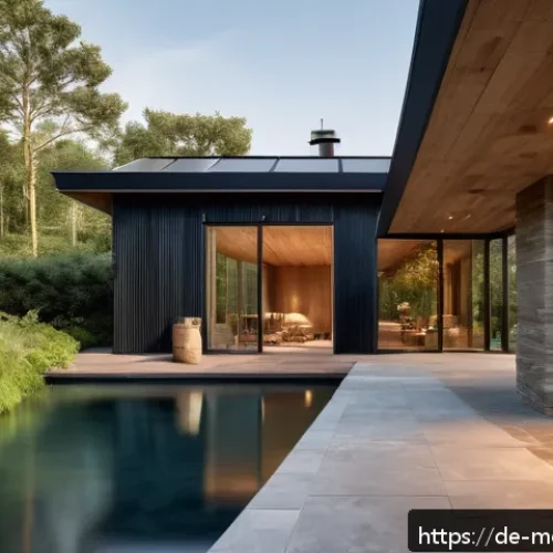현대건축물 리조트 건축 트렌드 - A sustainable resort architecture scene showcasing a modern eco-friendly building constructed from n...