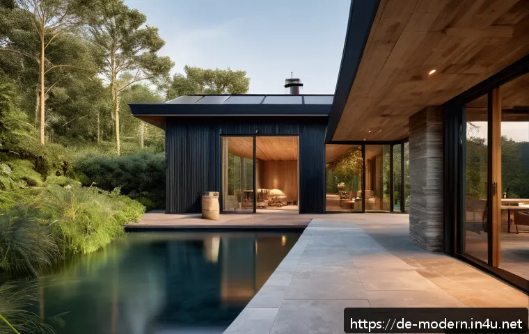 현대건축물 리조트 건축 트렌드 - A sustainable resort architecture scene showcasing a modern eco-friendly building constructed from n...