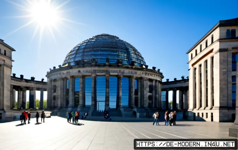 현대건축물 유명 건축가 작품 - Photorealistic architectural photograph of Berlin’s Reichstag dome from the rooftop terrace, dramati...